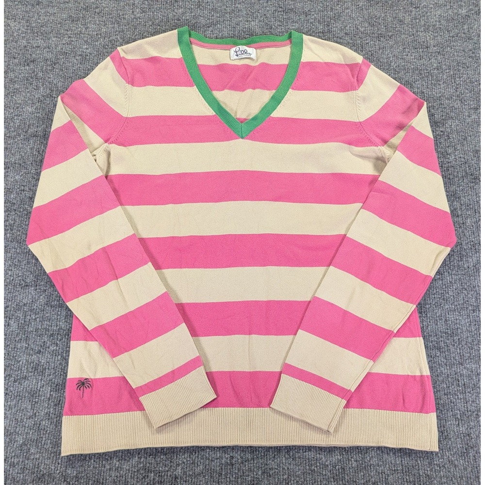 Lilly Pulitzer Vintage Pink Tan Striped V-Neck Sweater Logo Green Trim Large